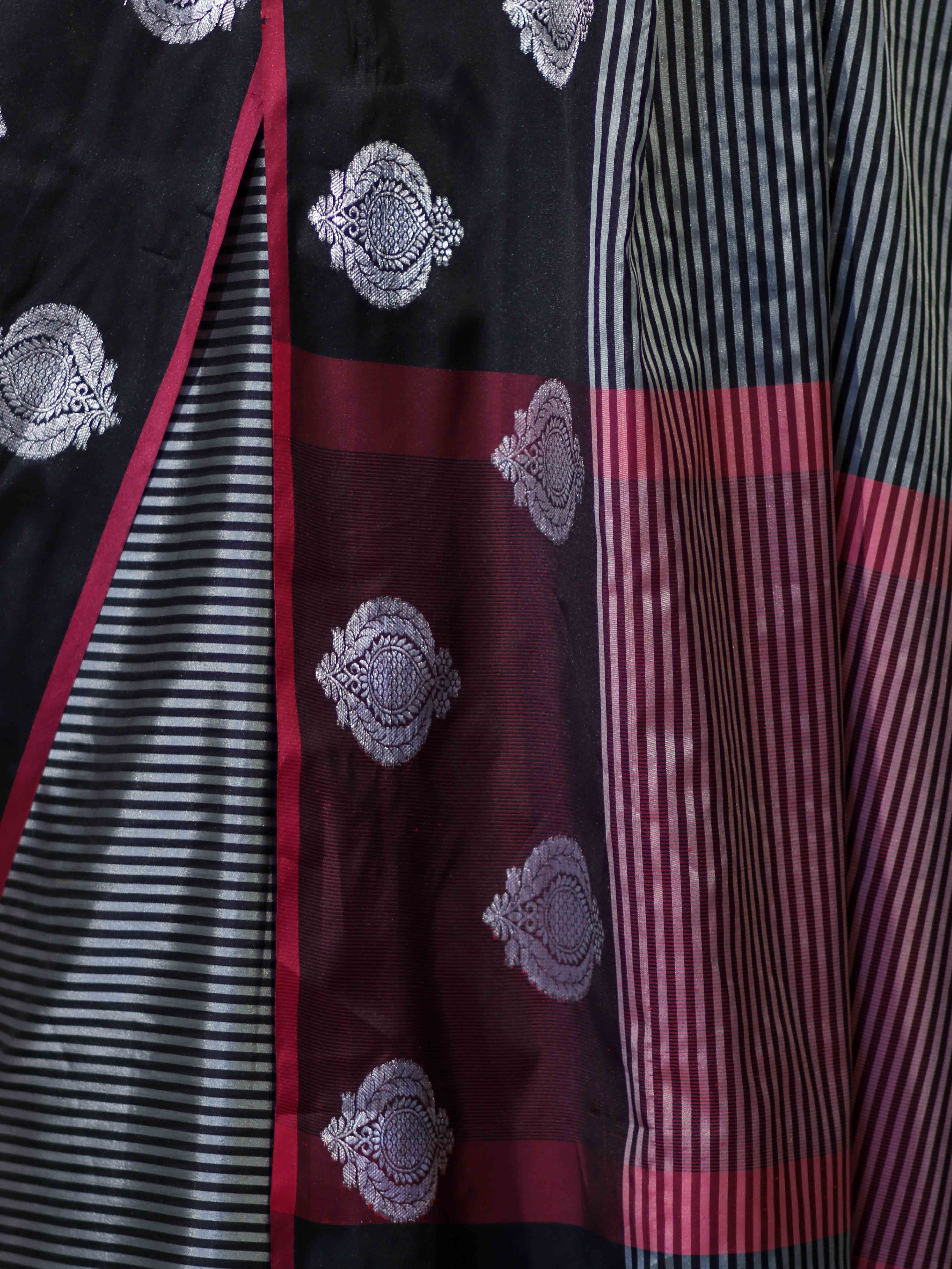 Banarasee Handloom Semi Silk Saree With Stripe Pattern & Buta Design Border-Black