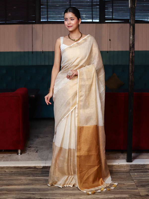 Banarasee Handloom Pure Linen Shine Saree-Multicolor