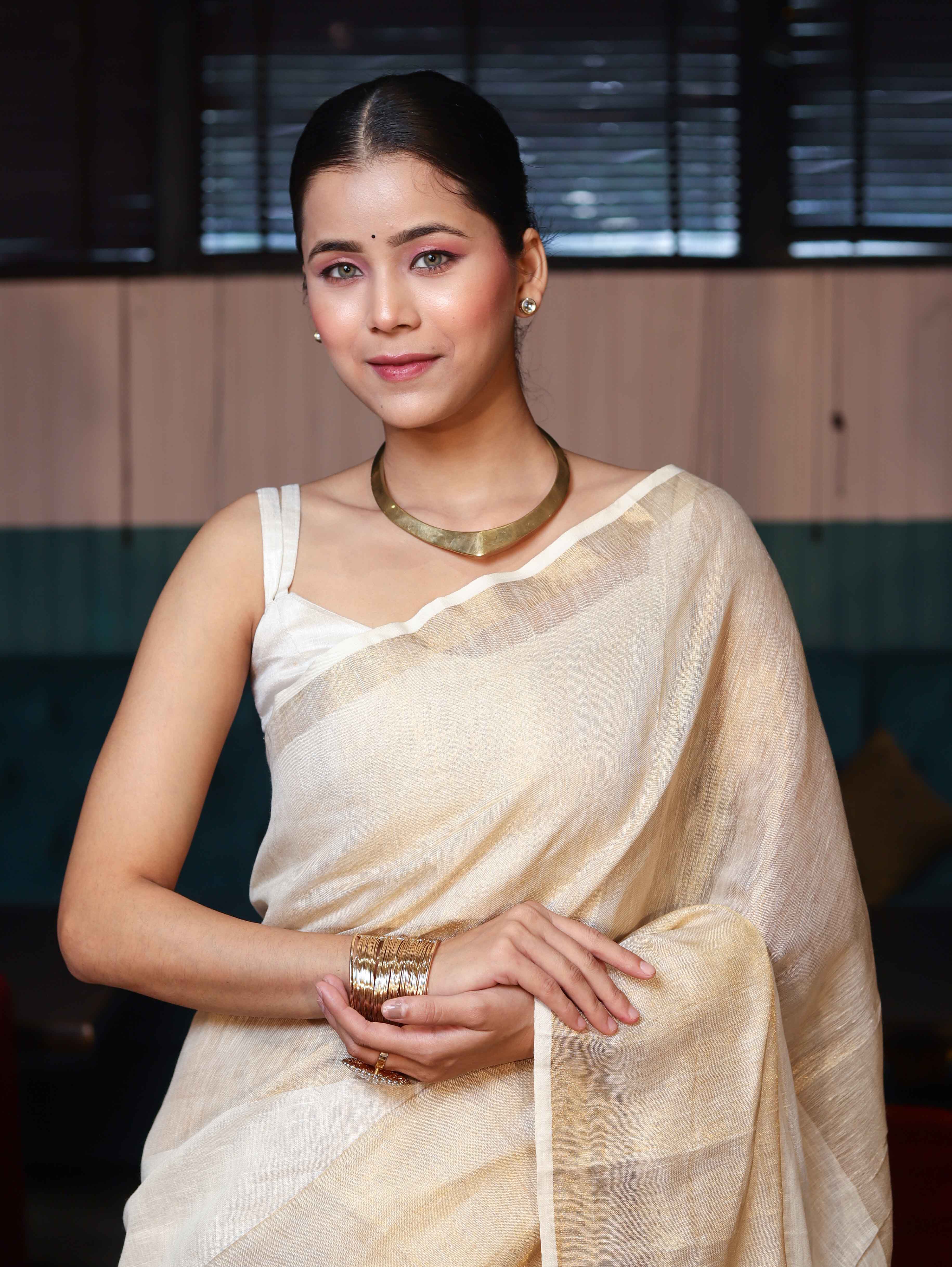 Banarasee Handloom Pure Linen Shine Saree-Multicolor