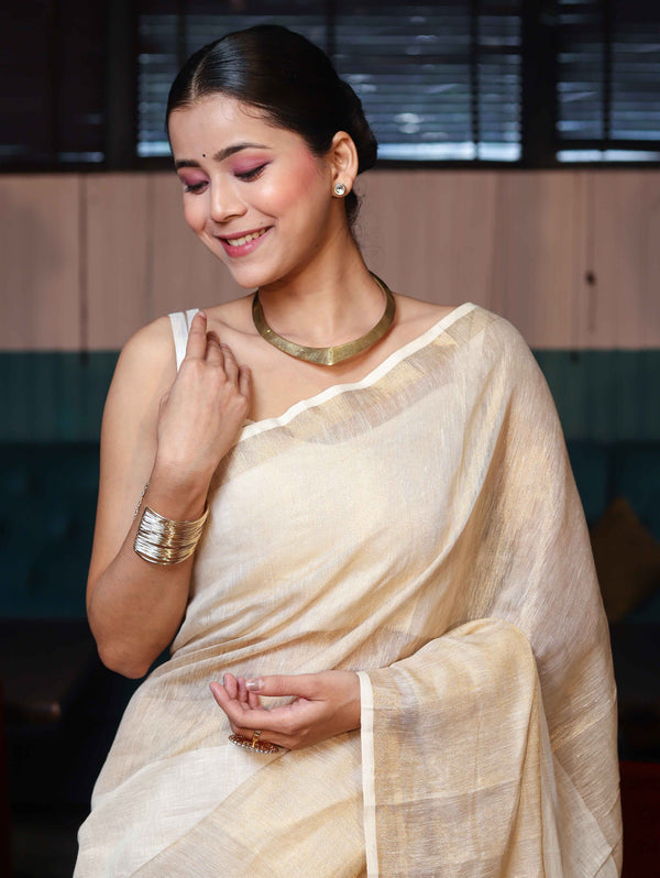 Banarasee Handloom Pure Linen Shine Saree-Multicolor