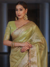 Banarasee Handwoven Plain Tissue Saree With Zari Broder & Lace-Lime Green