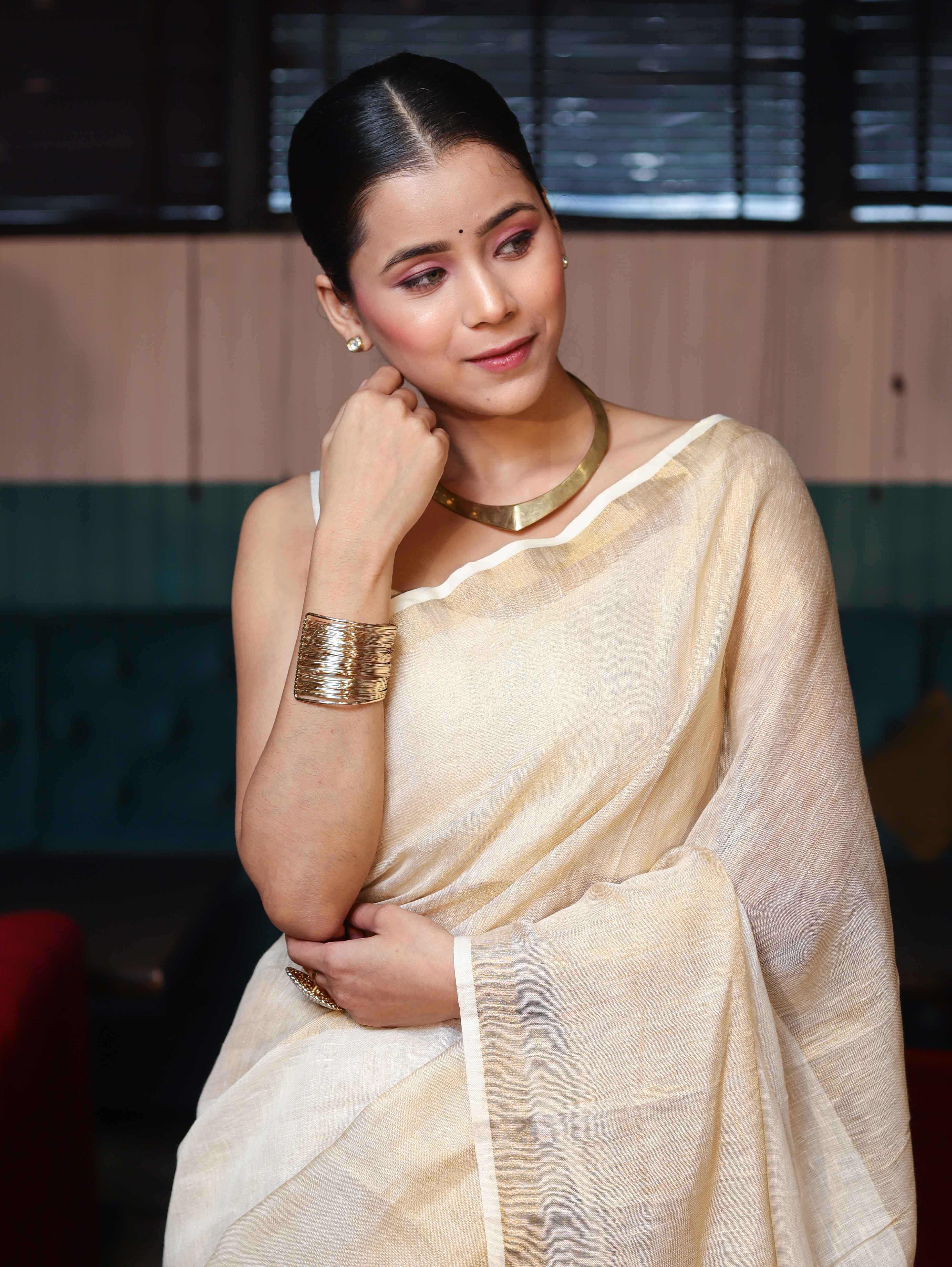 Banarasee Handloom Pure Linen Shine Saree-Multicolor