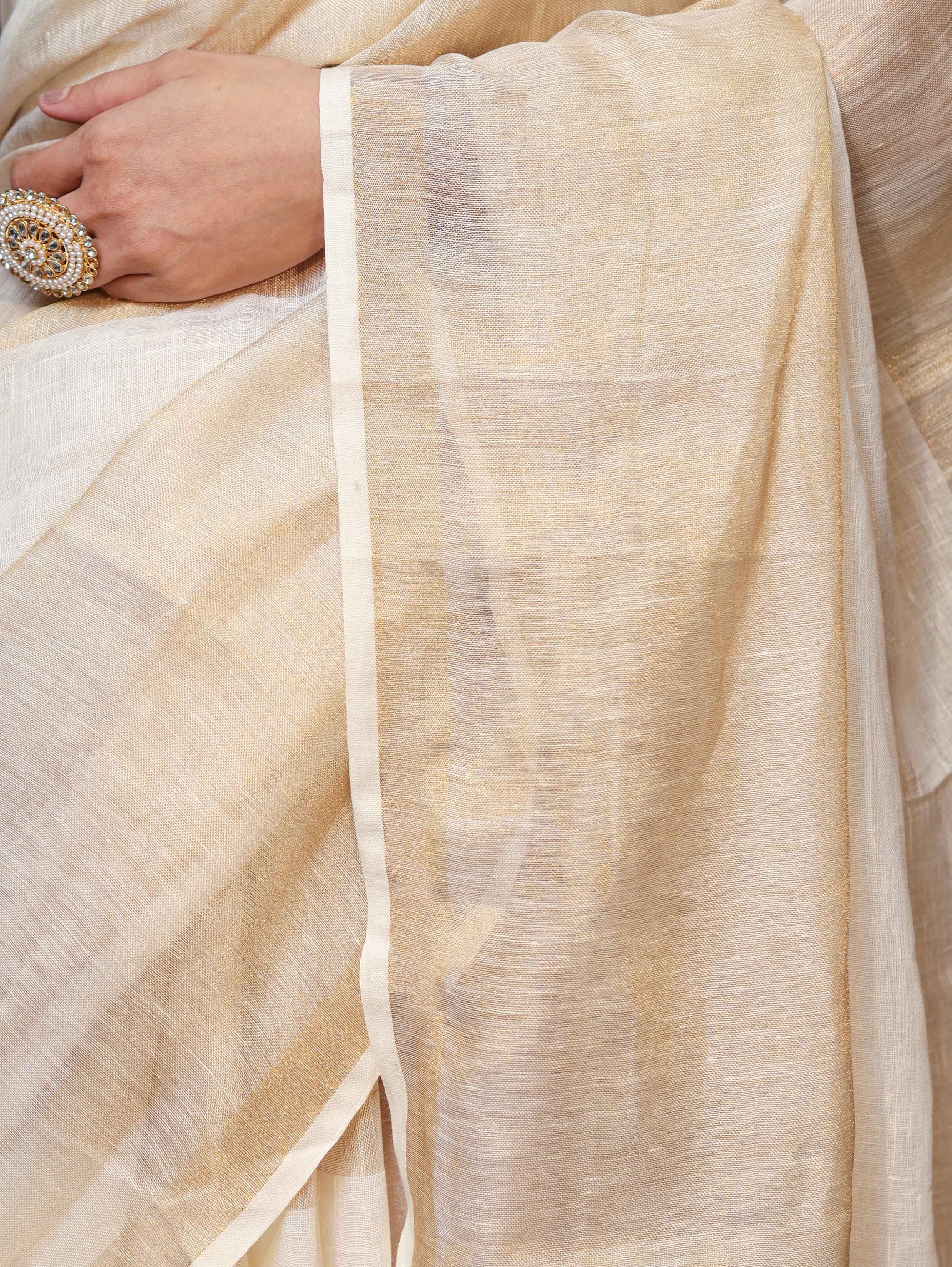 Banarasee Handloom Pure Linen Shine Saree-Multicolor