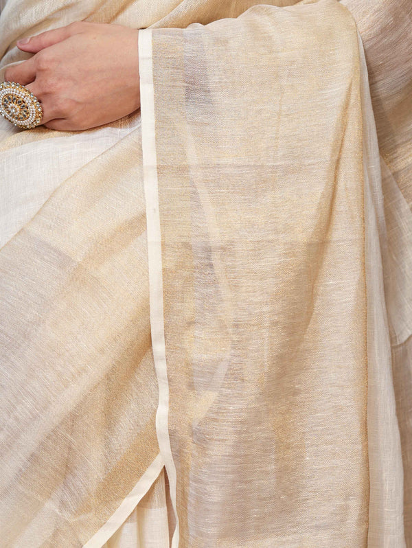 Banarasee Handloom Pure Linen Shine Saree-Multicolor