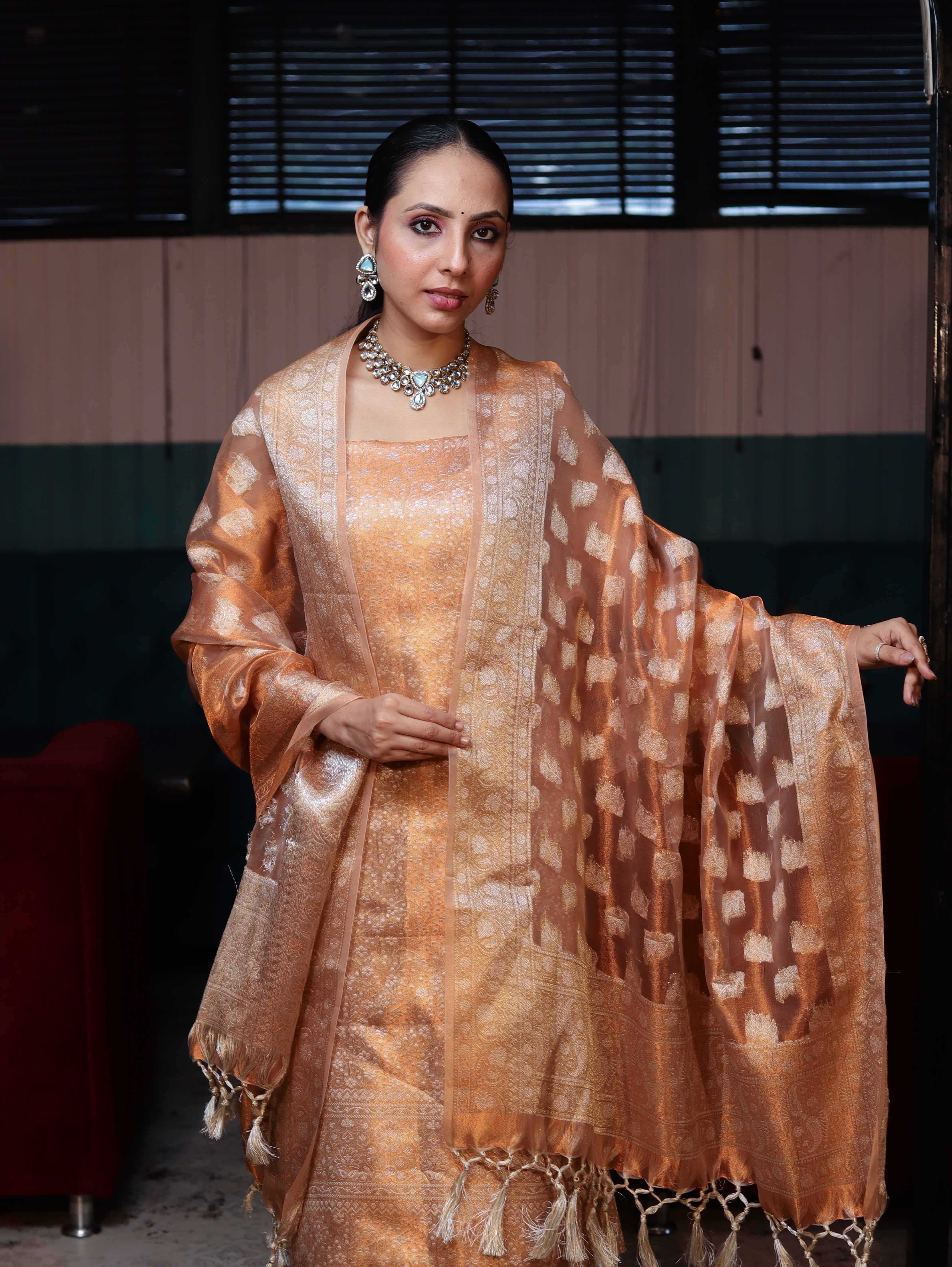 Banarasee Tissue Zari Weaving Salwar Kameez Fabric With Dupatta Set-Rust