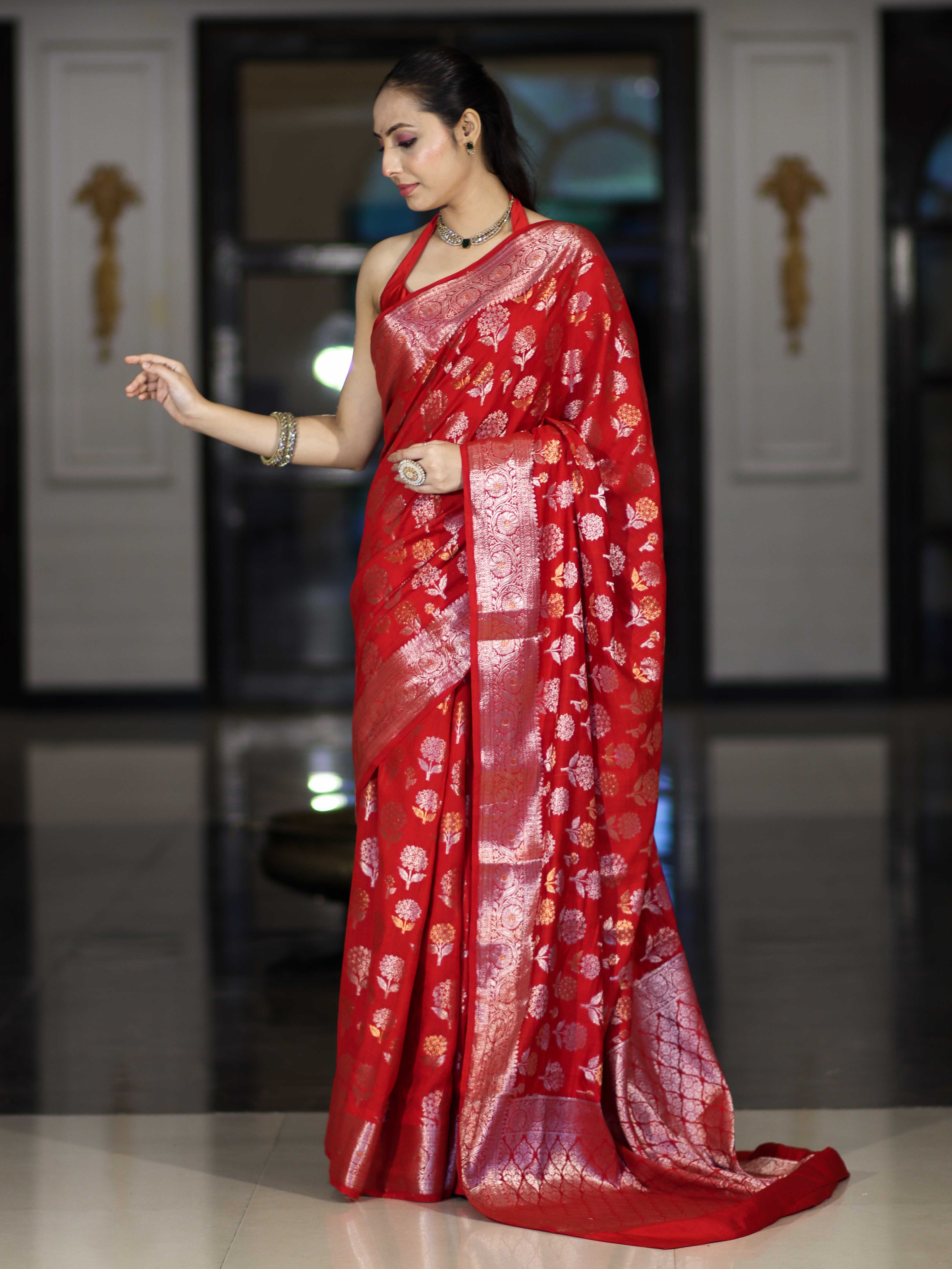 Banarasee Handloom Pure Chiniya Silk Saree With Zari Work-Red