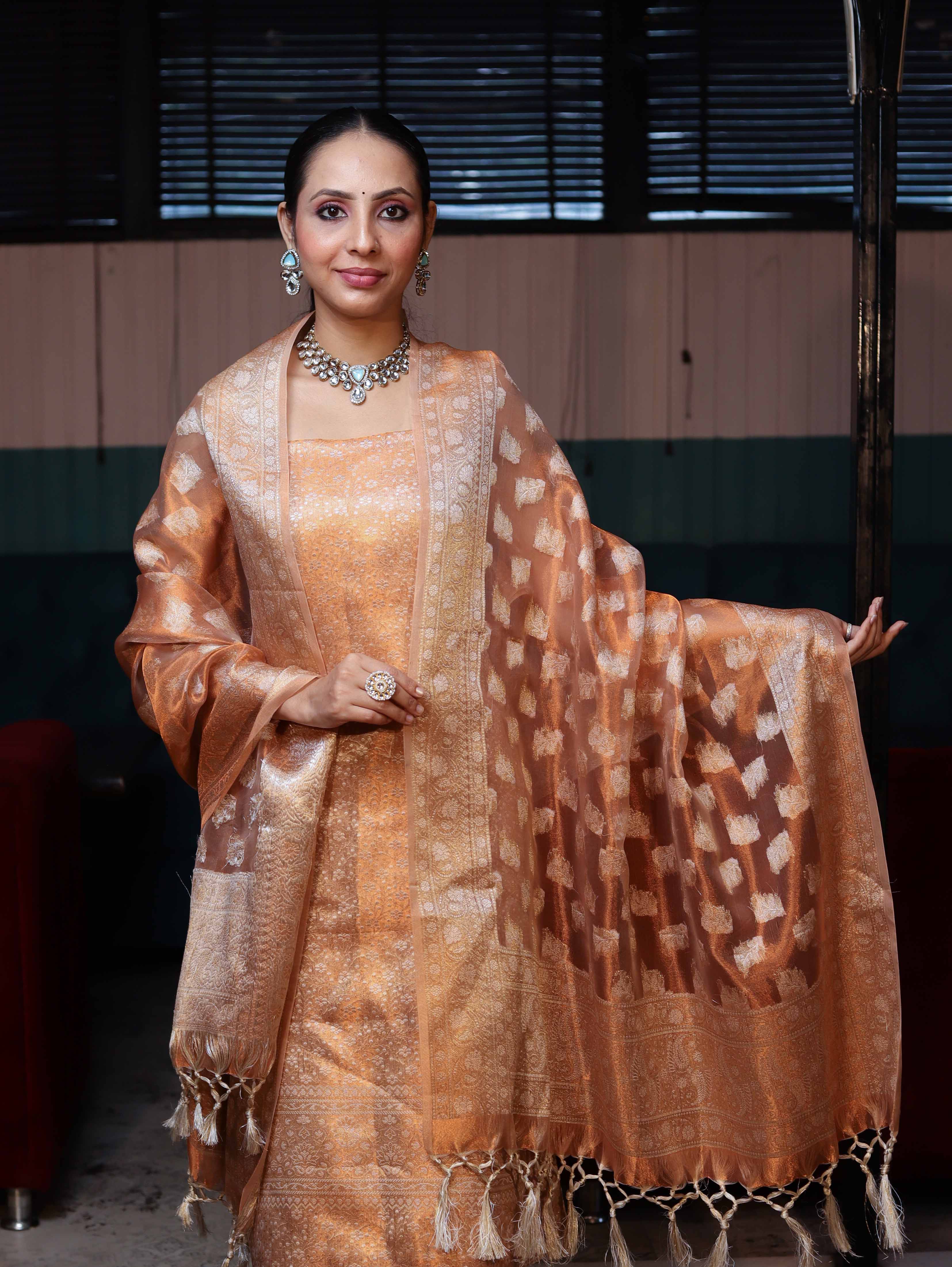 Banarasee Tissue Zari Weaving Salwar Kameez Fabric With Dupatta Set-Rust