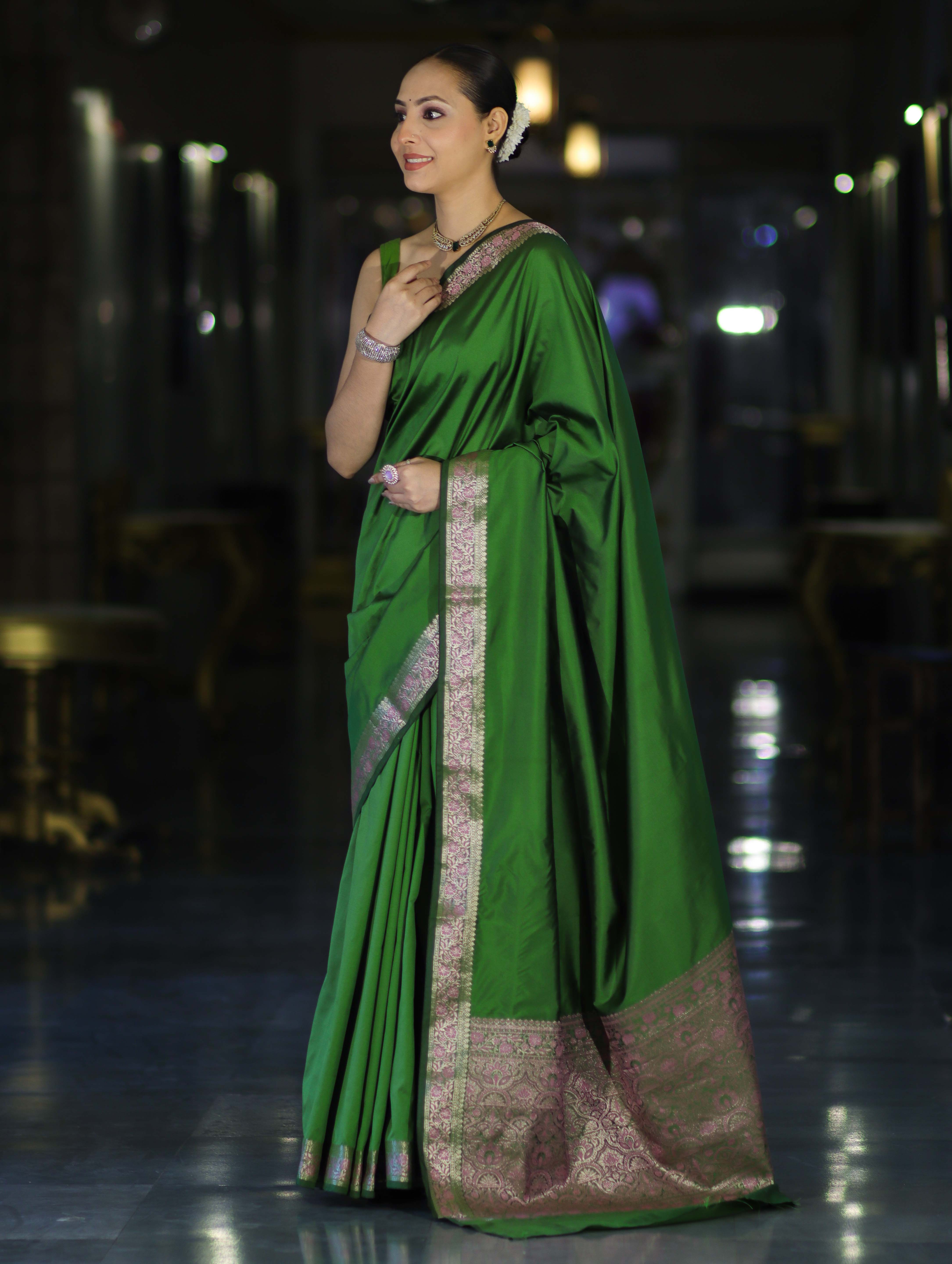 Banarasee Handloom Semi Silk Plain Saree With Floral Zari Border-Green