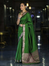 Banarasee Handloom Semi Silk Plain Saree With Floral Zari Border-Green