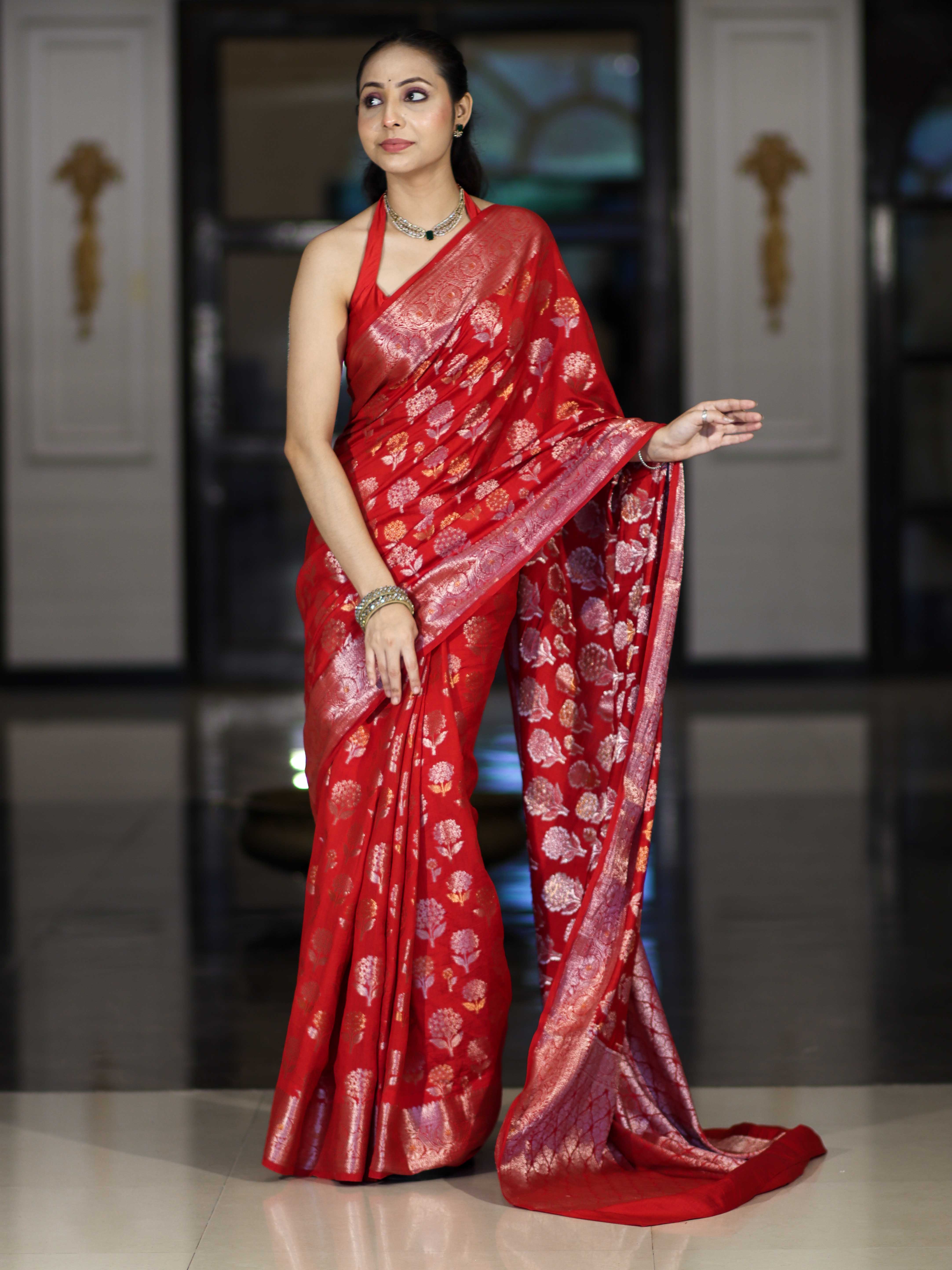 Banarasee Handloom Pure Chiniya Silk Saree With Zari Work-Red