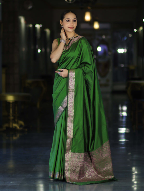 Banarasee Handloom Semi Silk Plain Saree With Floral Zari Border-Green