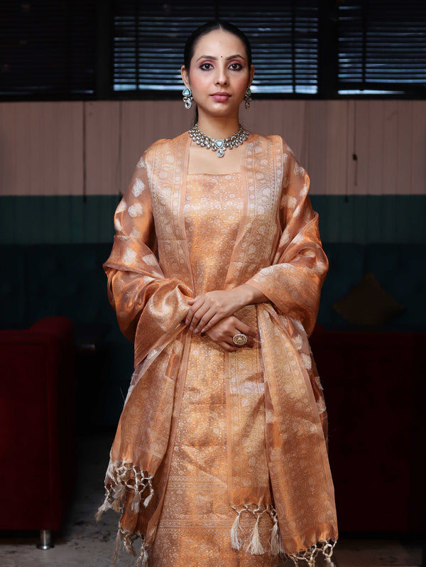 Banarasee Tissue Zari Weaving Salwar Kameez Fabric With Dupatta Set-Rust
