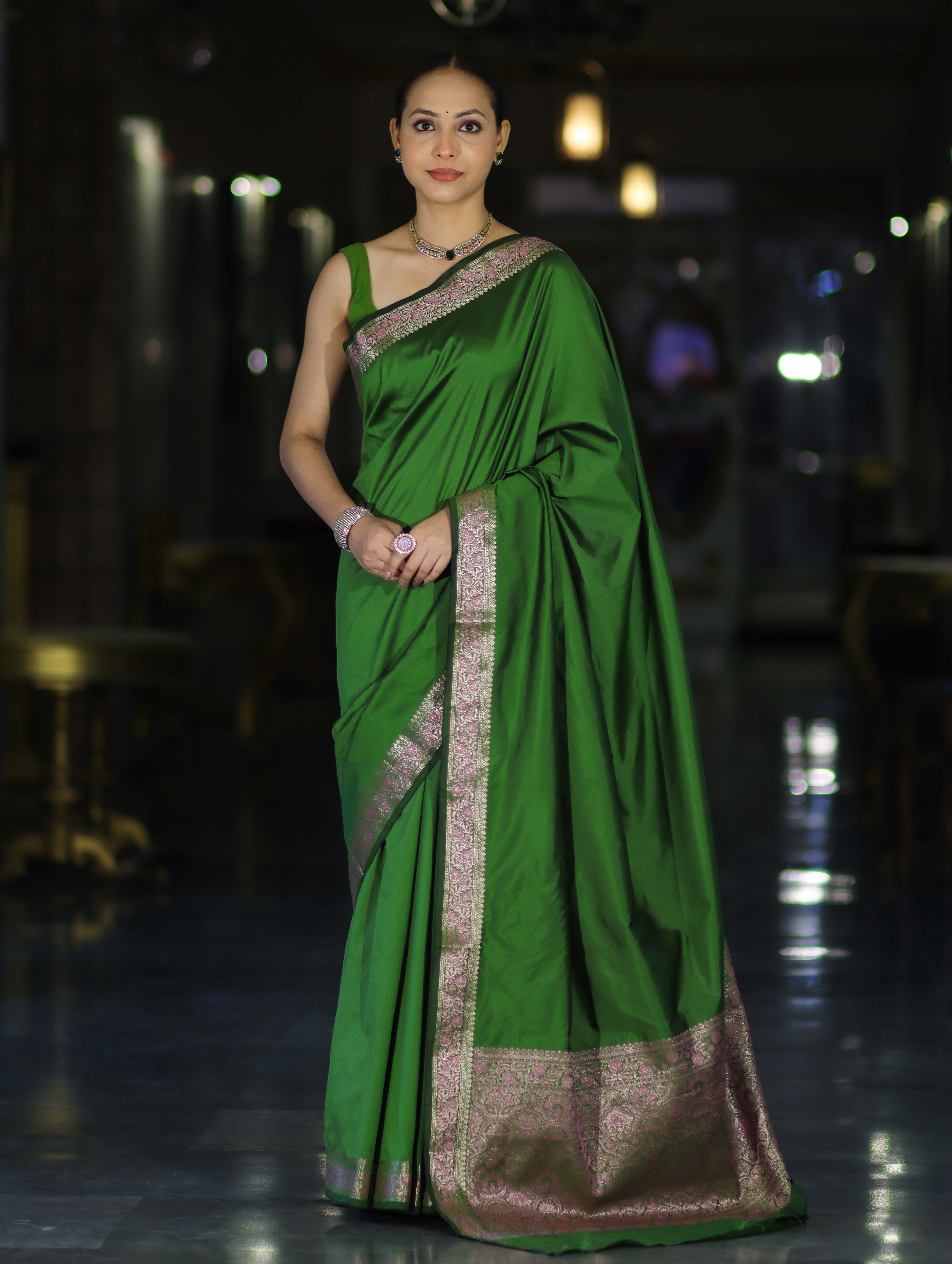 Banarasee Handloom Semi Silk Plain Saree With Floral Zari Border-Green