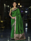 Banarasee Handloom Semi Silk Plain Saree With Floral Zari Border-Green