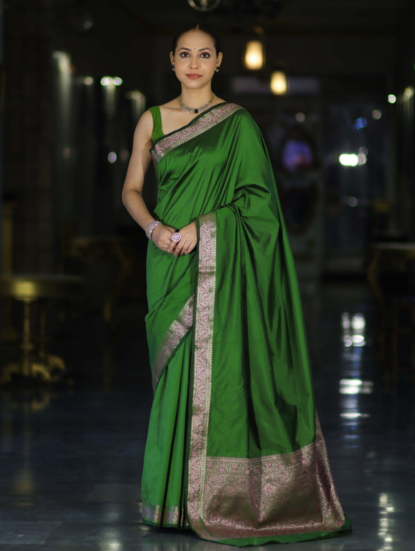 Banarasee Handloom Semi Silk Plain Saree With Floral Zari Border-Green