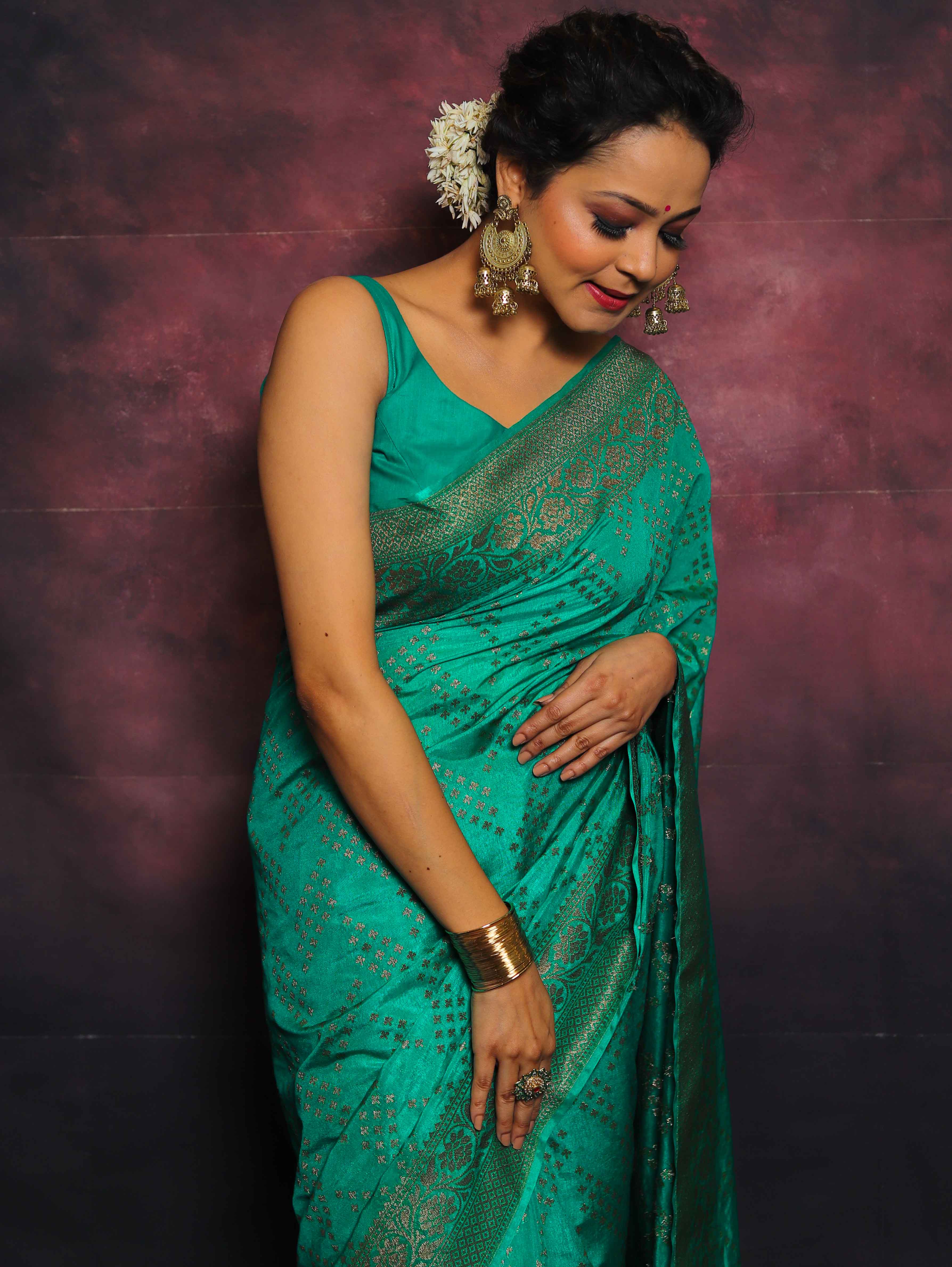 Banarasee Semi-Chiffon Antique Zari Saree-Teal Green