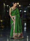 Banarasee Handloom Semi Silk Plain Saree With Floral Zari Border-Green