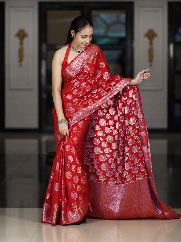 Banarasee Handloom Pure Chiniya Silk Saree With Zari Work-Red
