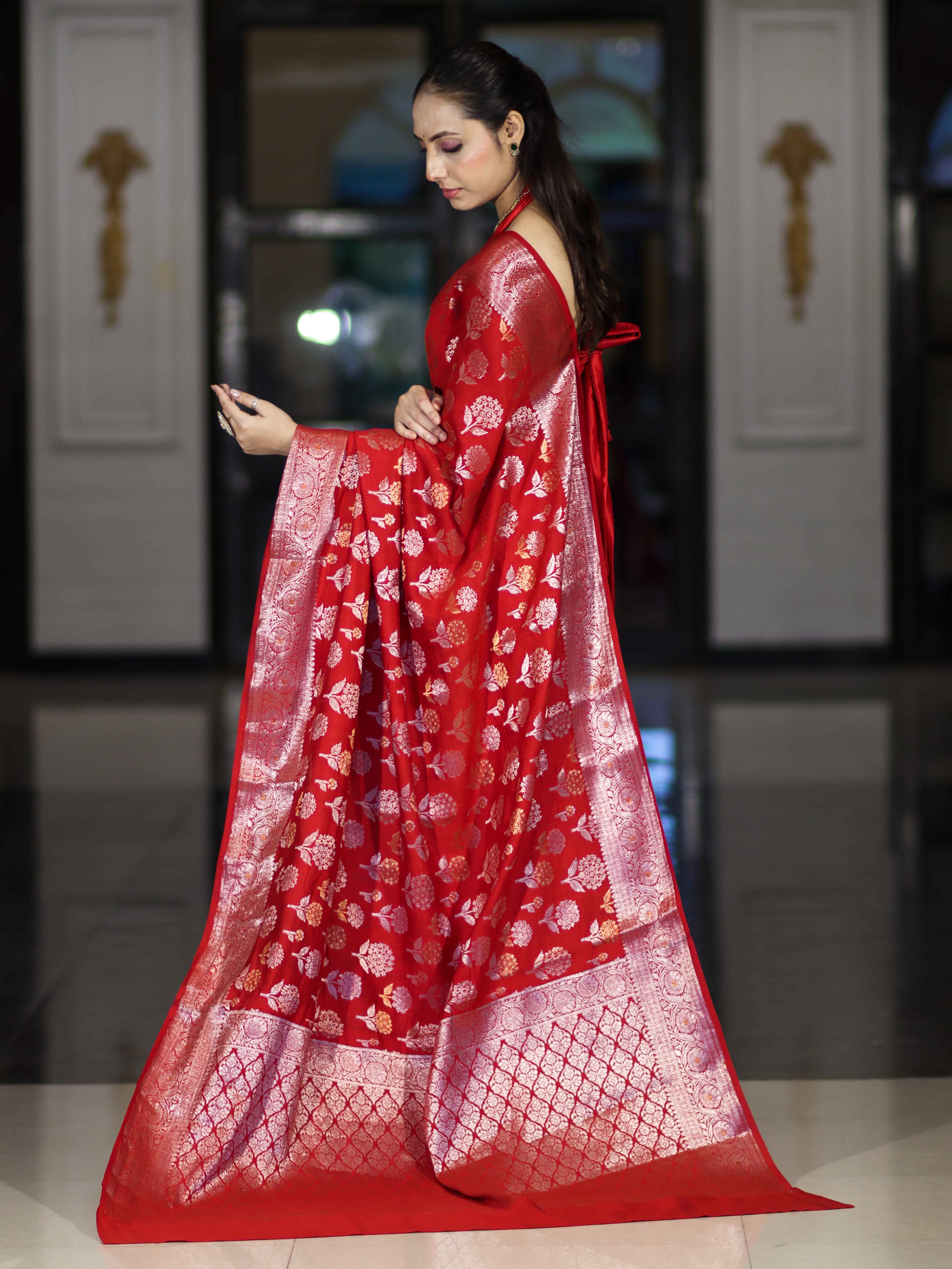 Banarasee Handloom Pure Chiniya Silk Saree With Zari Work-Red