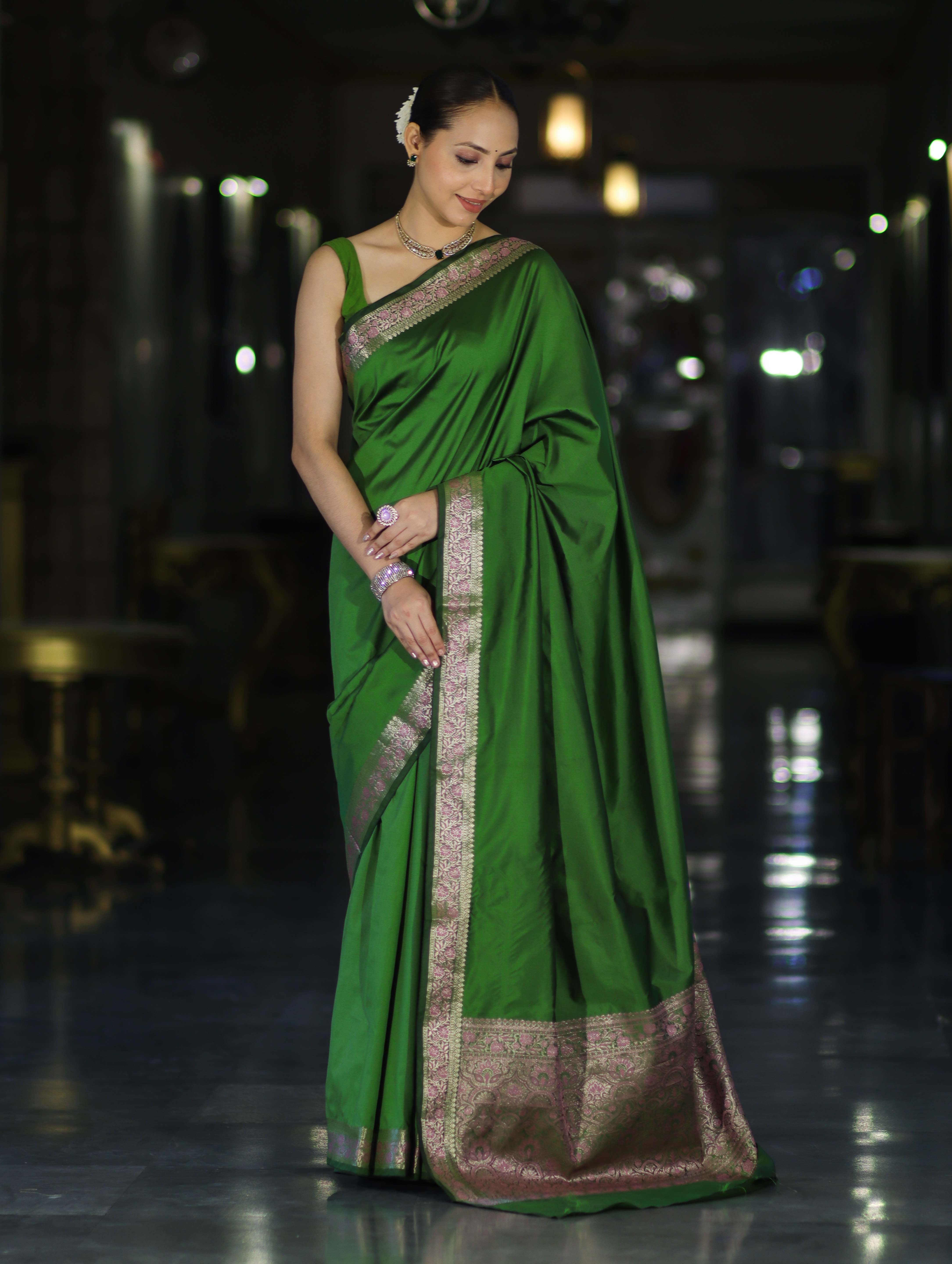 Banarasee Handloom Semi Silk Plain Saree With Floral Zari Border-Green