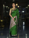 Banarasee Handloom Semi Silk Plain Saree With Floral Zari Border-Green