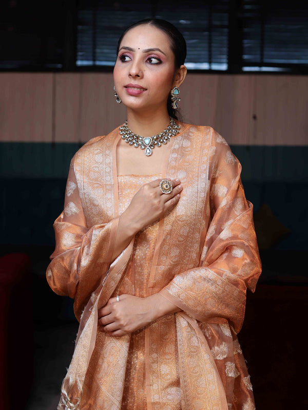 Banarasee Tissue Zari Weaving Salwar Kameez Fabric With Dupatta Set-Rust