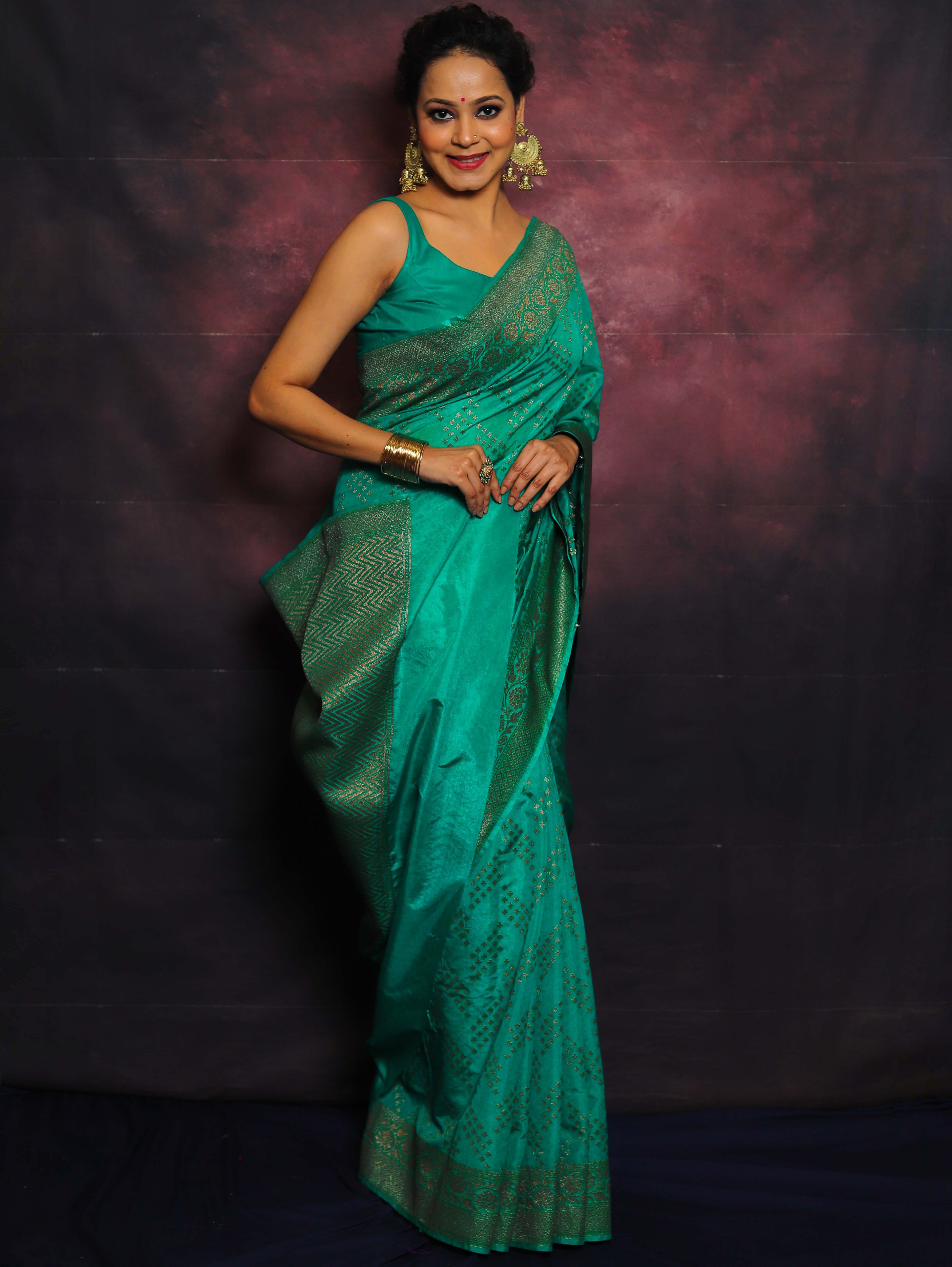 Banarasee Semi-Chiffon Antique Zari Saree-Teal Green