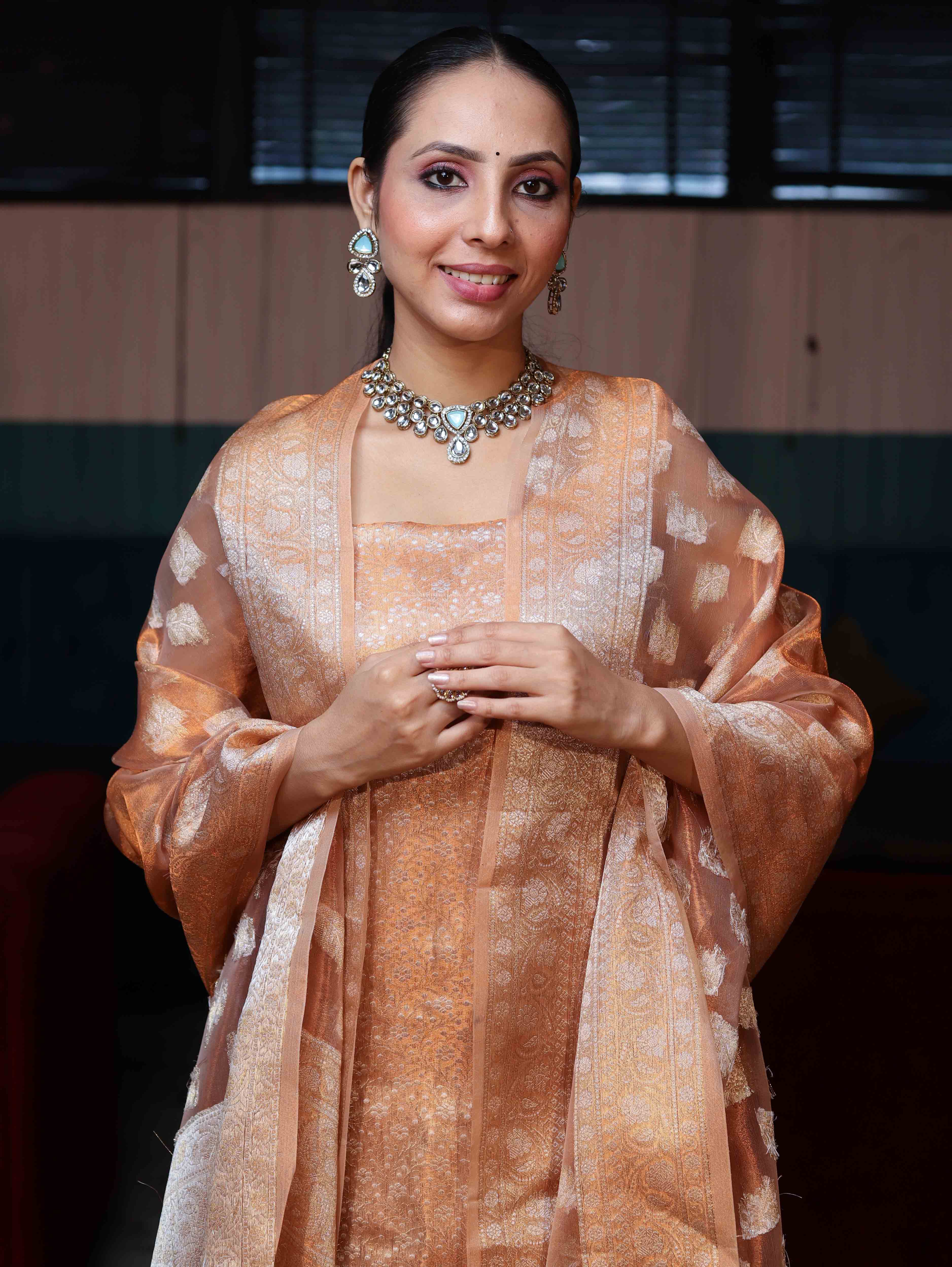 Banarasee Tissue Zari Weaving Salwar Kameez Fabric With Dupatta Set-Rust