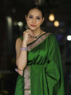 Banarasee Handloom Semi Silk Plain Saree With Floral Zari Border-Green