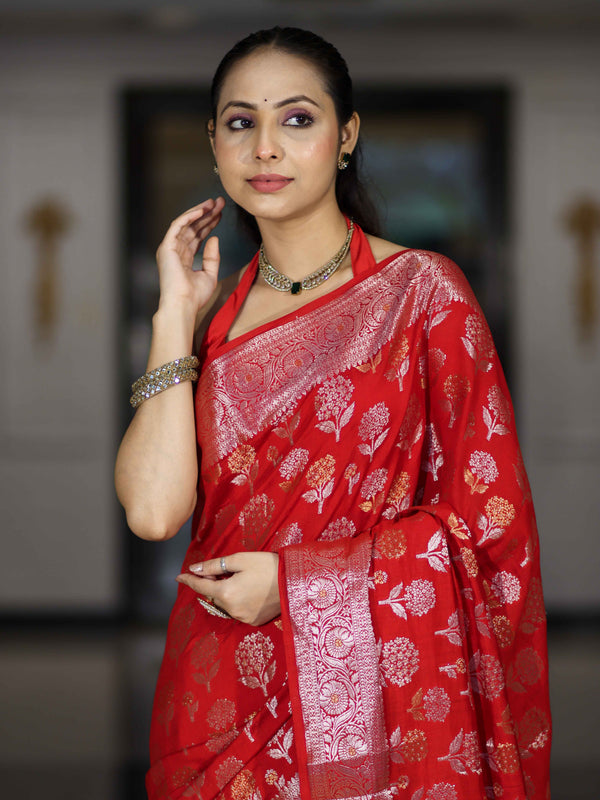 Banarasee Handloom Pure Chiniya Silk Saree With Zari Work-Red
