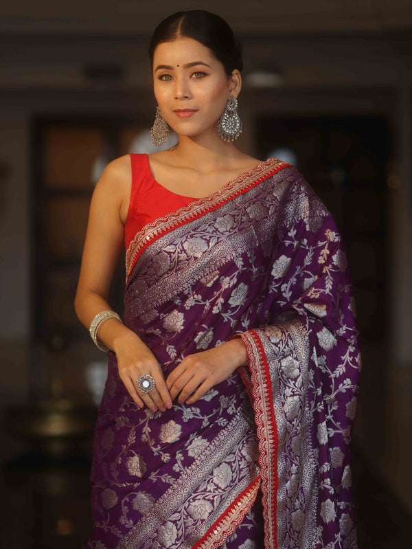 Banarasee Handwoven Georgette Saree Zari Jaal Design With Contrast Lace-Violet