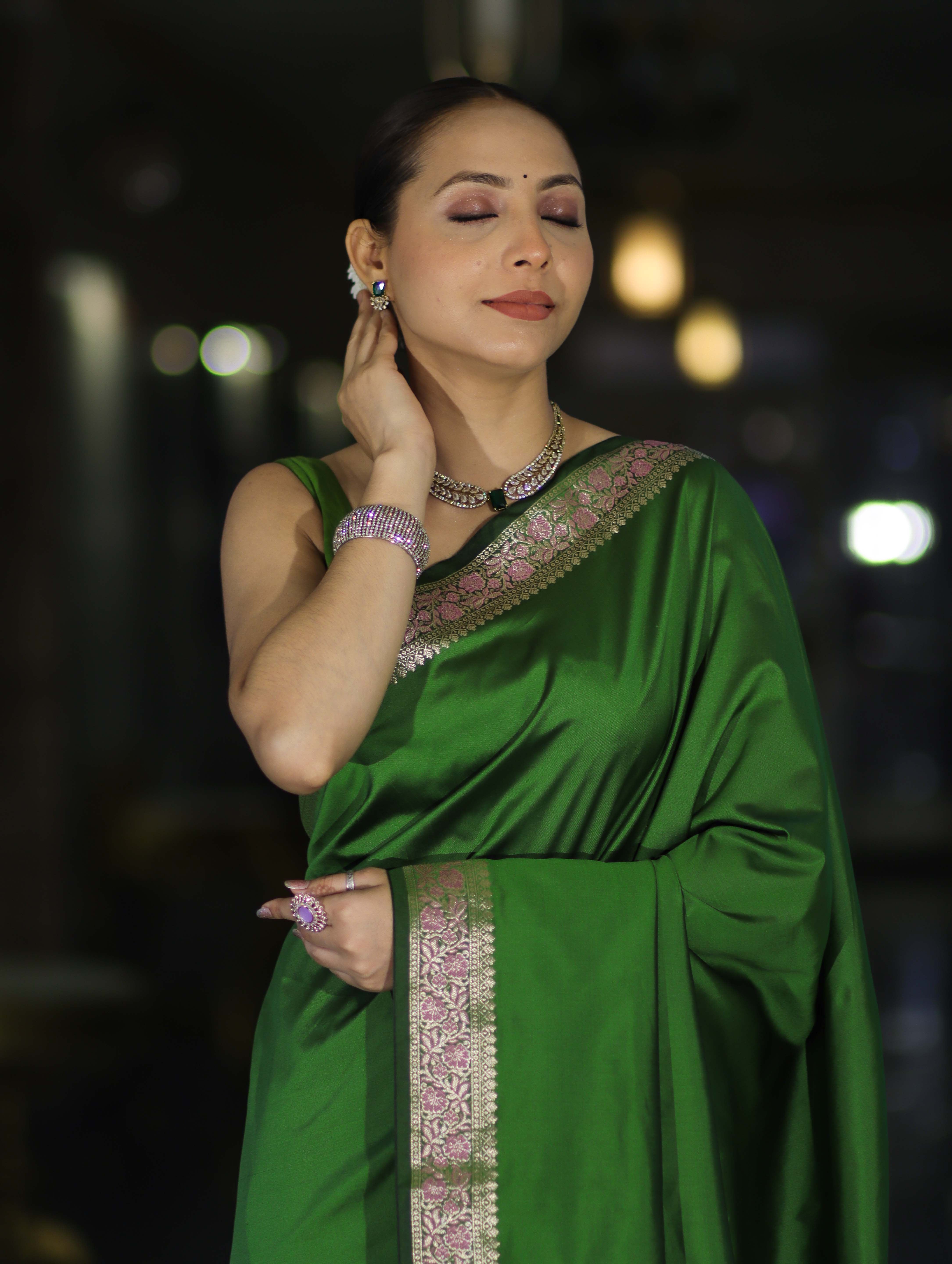 Banarasee Handloom Semi Silk Plain Saree With Floral Zari Border-Green