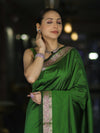 Banarasee Handloom Semi Silk Plain Saree With Floral Zari Border-Green