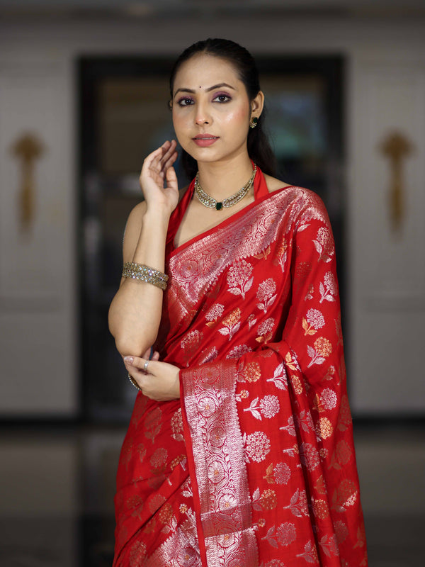 Banarasee Handloom Pure Chiniya Silk Saree With Zari Work-Red