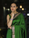 Banarasee Handloom Semi Silk Plain Saree With Floral Zari Border-Green