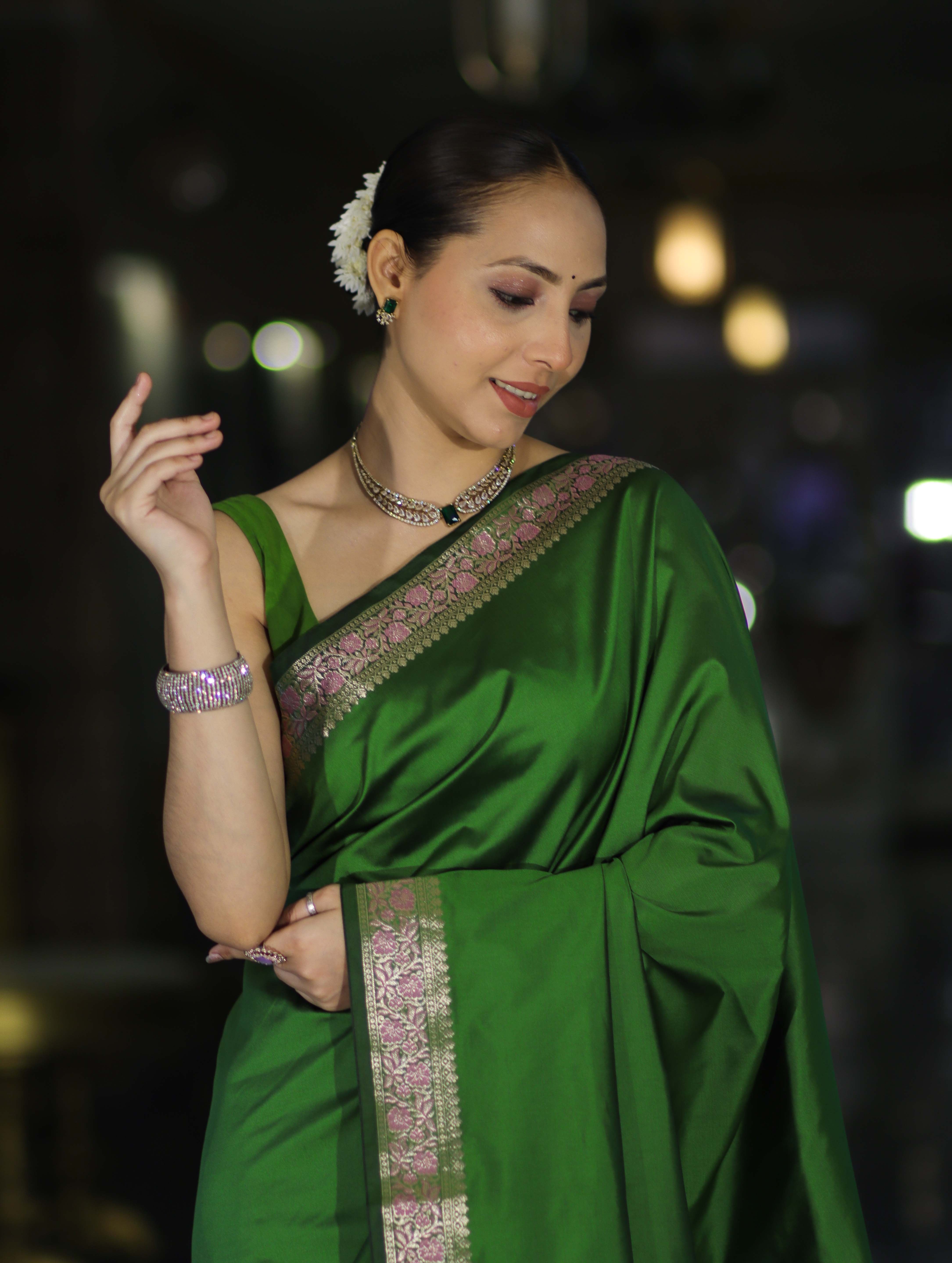 Banarasee Handloom Semi Silk Plain Saree With Floral Zari Border-Green