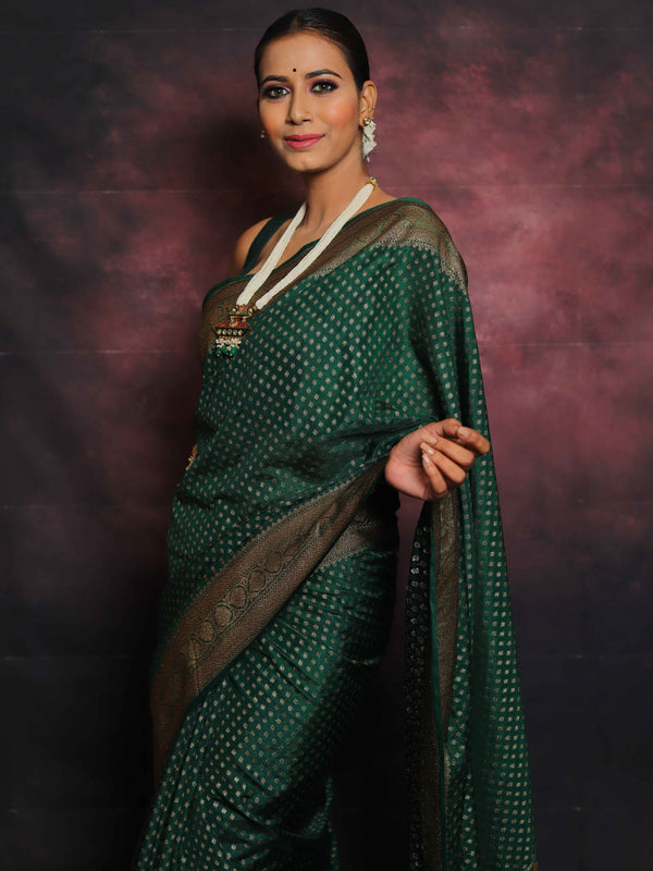 Banarasee Semi-Chiffon Antique Zari Saree-Green