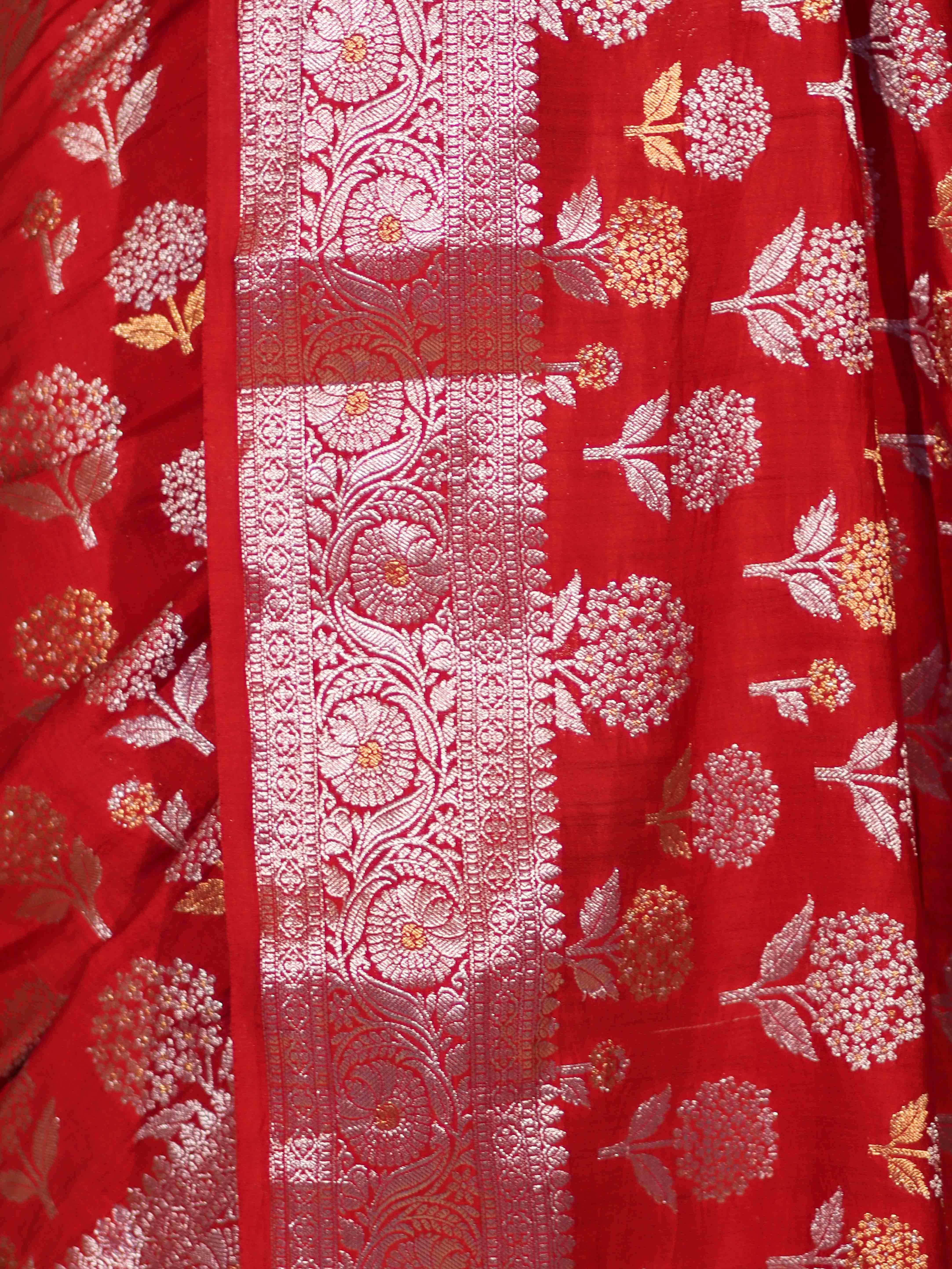 Banarasee Handloom Pure Chiniya Silk Saree With Zari Work-Red