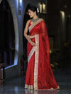 Banarasee Tissue Saree With Handwoven Motifs & Mirror Work Lace-Deep Red