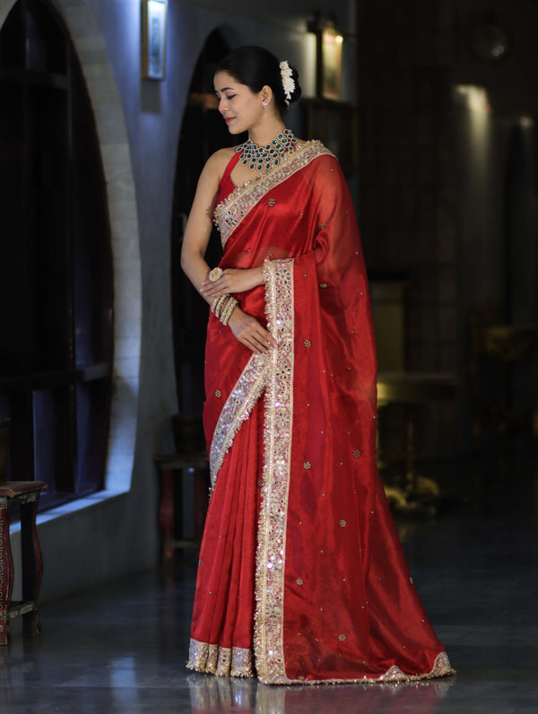 Banarasee Tissue Saree With Handwoven Motifs & Mirror Work Lace-Deep Red