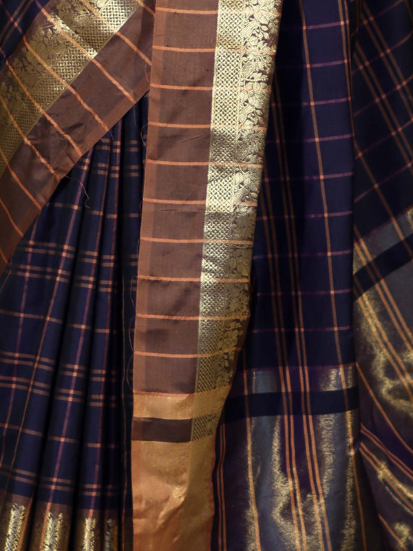 Banarasee Handloom Semi Silk Saree With Checks Pattern & Contrast Border-Violet & Brown