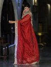 Banarasee Tissue Saree With Handwoven Motifs & Mirror Work Lace-Deep Red