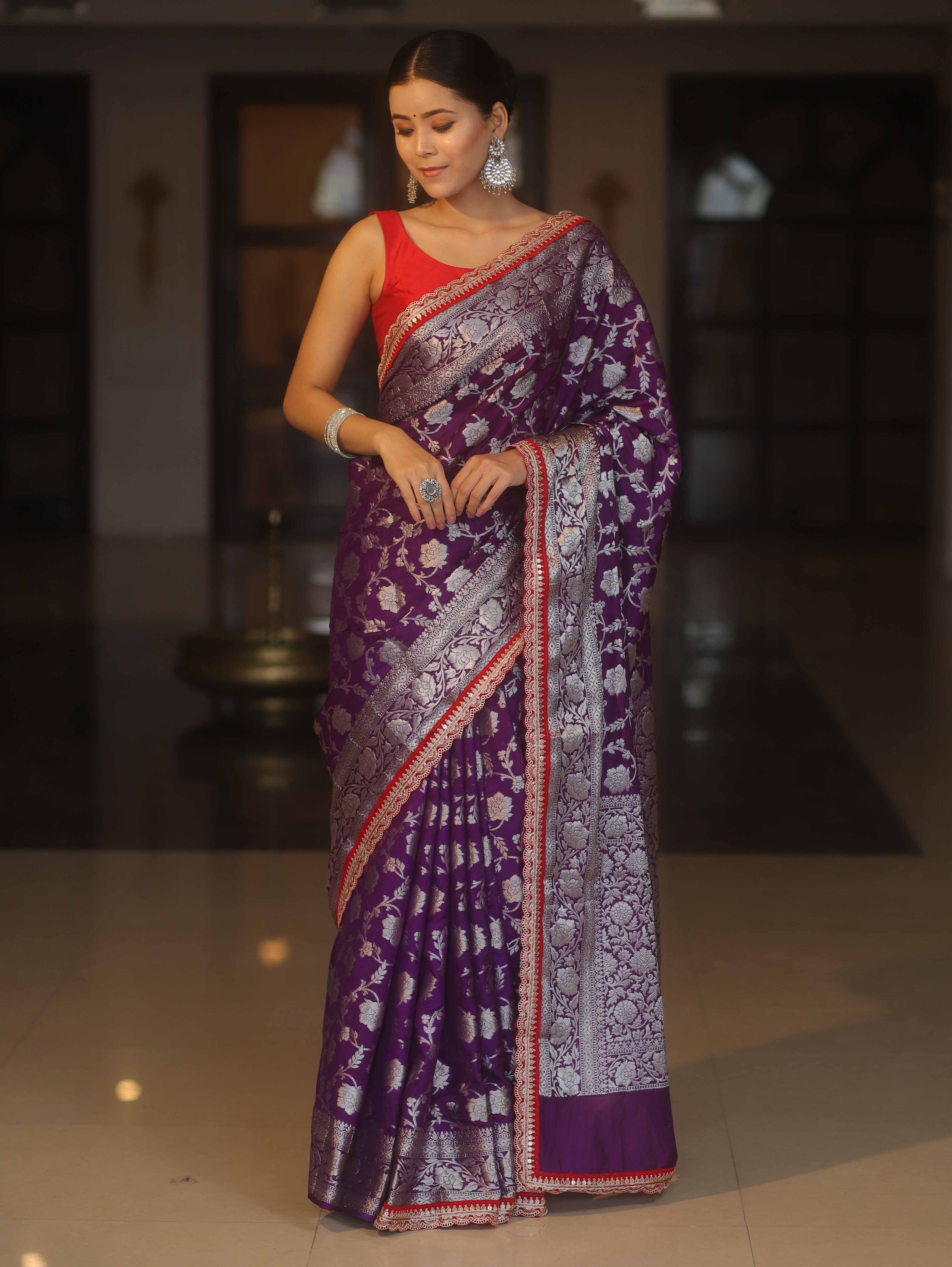 Banarasee Handwoven Georgette Saree Zari Jaal Design With Contrast Lace-Violet