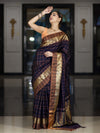 Banarasee Handloom Semi Silk Saree With Checks Pattern & Contrast Border-Violet & Brown