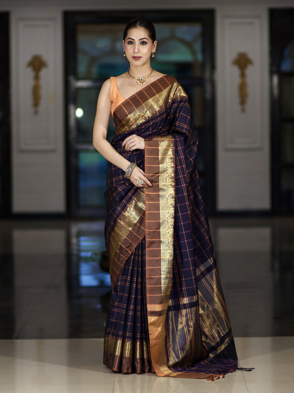 Banarasee Handloom Semi Silk Saree With Checks Pattern & Contrast Border-Violet & Brown