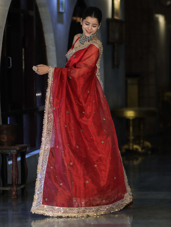 Banarasee Tissue Saree With Handwoven Motifs & Mirror Work Lace-Deep Red