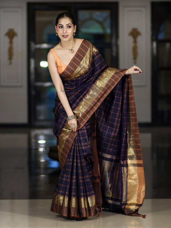 Banarasee Handloom Semi Silk Saree With Checks Pattern & Contrast Border-Violet & Brown