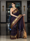 Banarasee Handloom Semi Silk Saree With Checks Pattern & Contrast Border-Violet & Brown