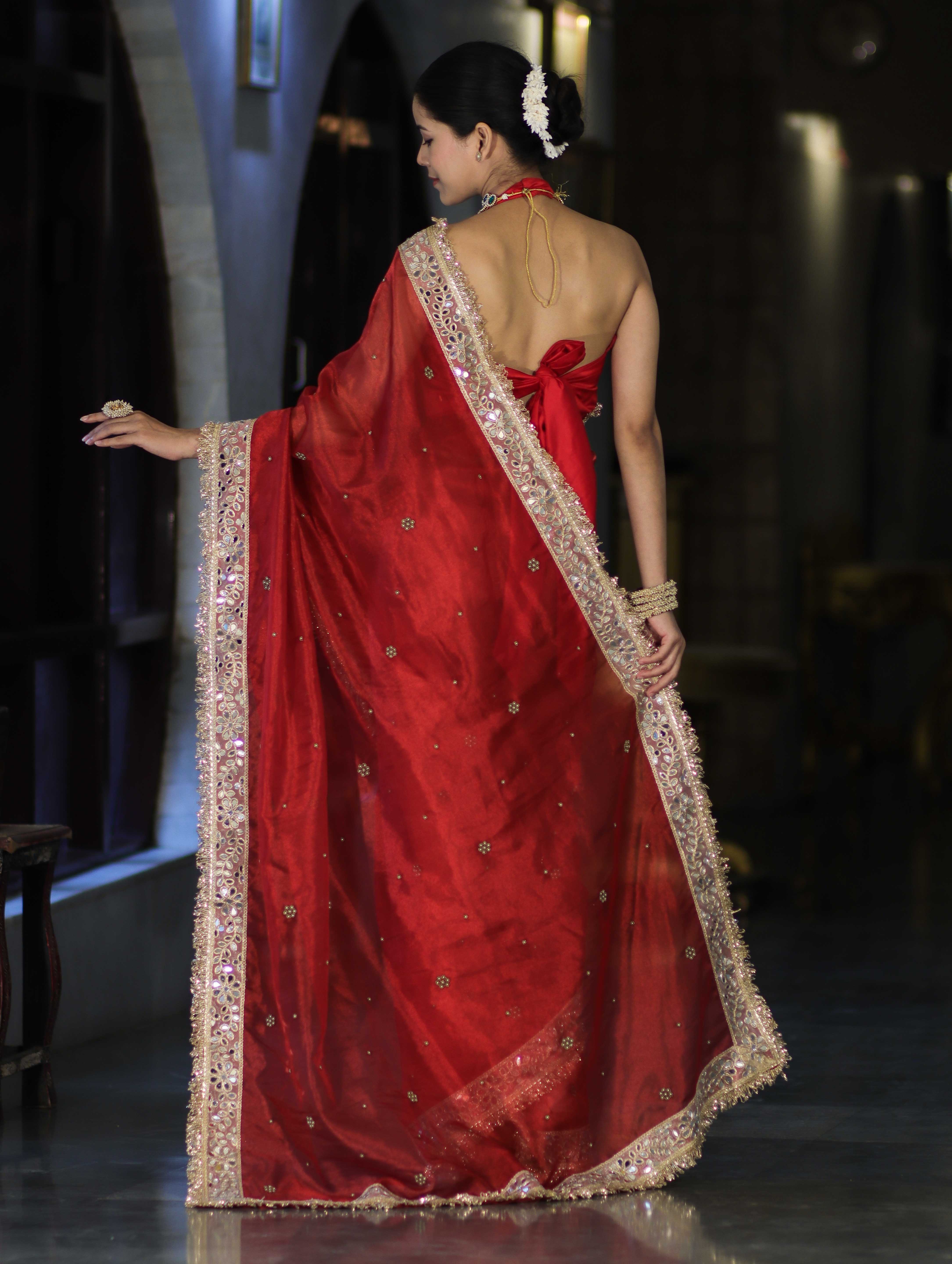 Banarasee Tissue Saree With Handwoven Motifs & Mirror Work Lace-Deep Red
