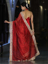 Banarasee Tissue Saree With Handwoven Motifs & Mirror Work Lace-Deep Red